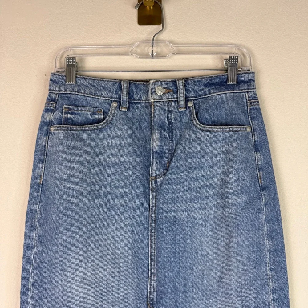 LOFT Denim Skirt Womens 0 Blue Maxi Front Slit High Rise 100% Cotton Mid Wash